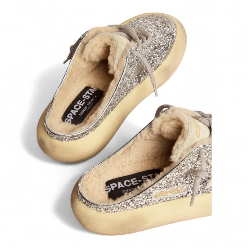 Space-Star Sabot shoes in silver glitter with shearling lining
