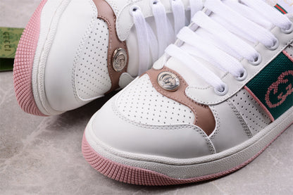 Gucci White, Pink & Green Leather Sneakers