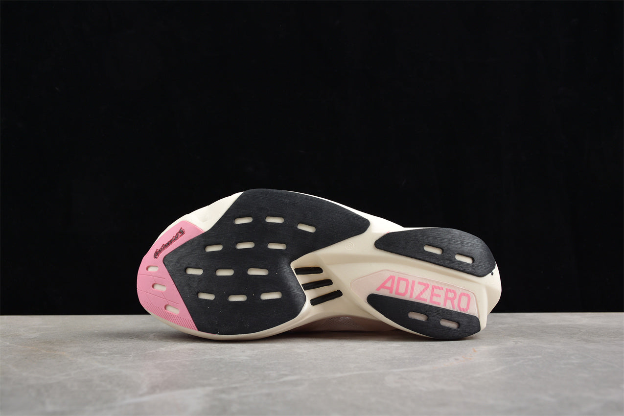 adidas Adizero Adios Pro 3 in Chalk White, Silver Metallic, and Clear Pink