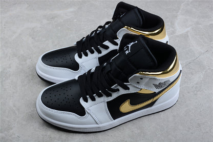 Nike Air Jordan 1 Mid White Black Metallic Gold Sneakers