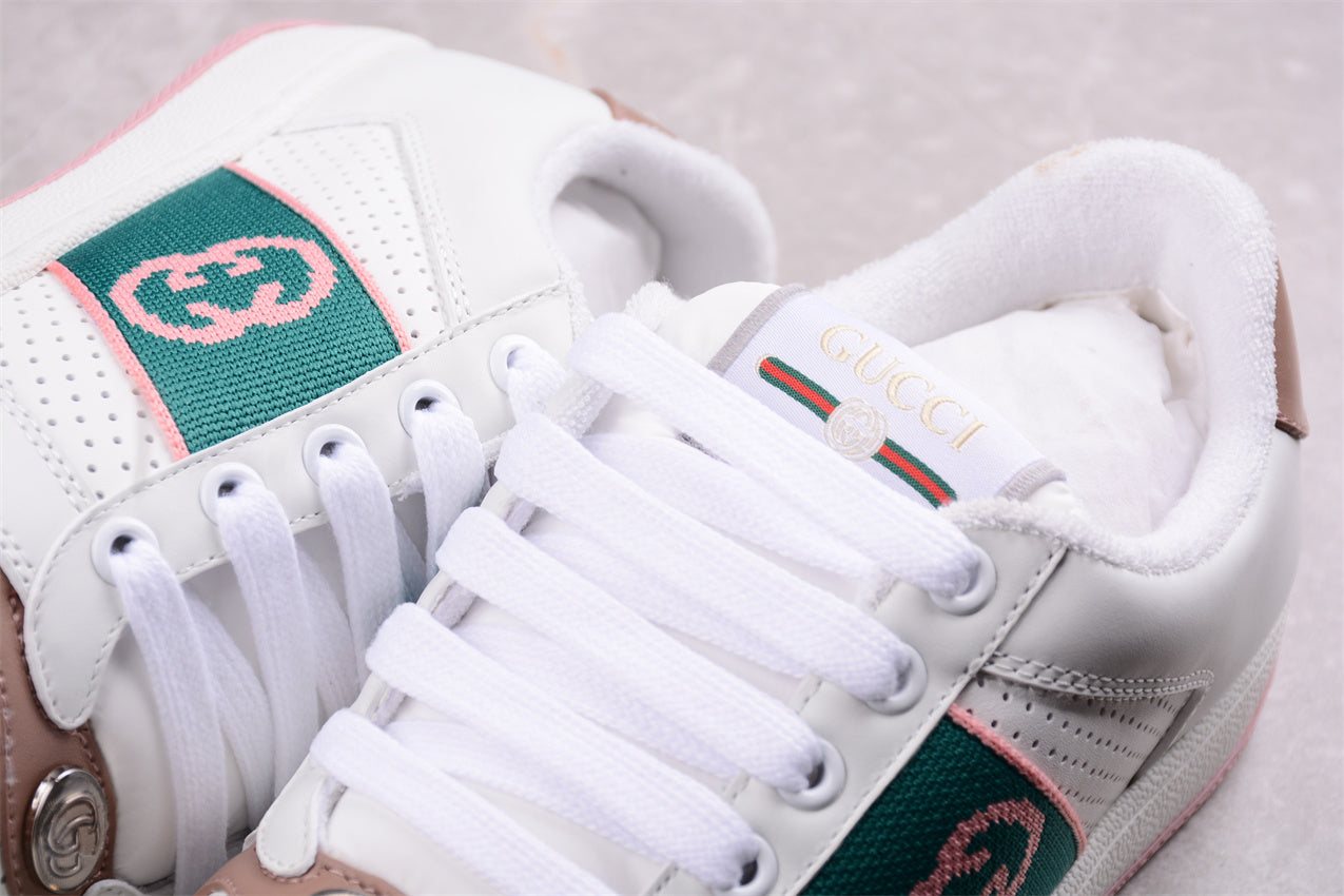 Gucci White, Pink & Green Leather Sneakers