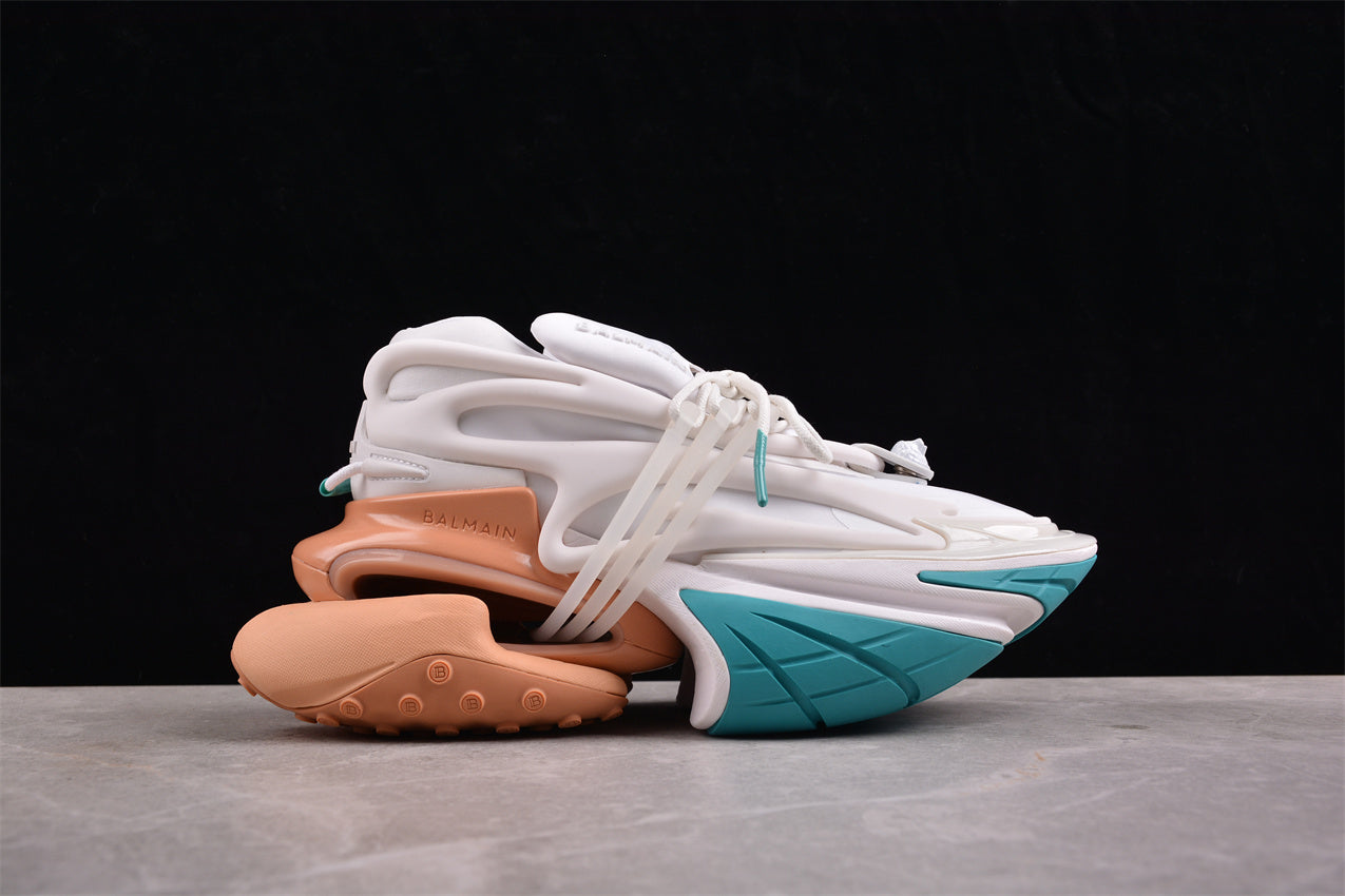 Balmain Unicorn Sneakers in Taupe/White/L. Green – Neoprene and Leather