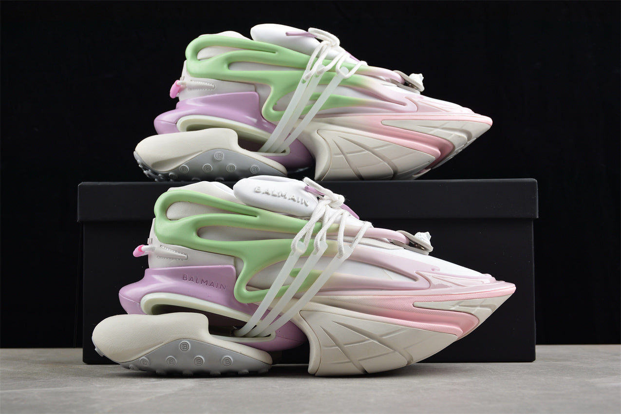 Balmain Unicorn Trainers in Neoprene and Leather Light Pink/Jade