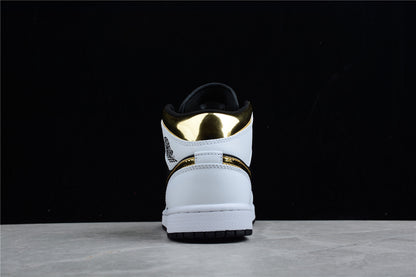 Nike Air Jordan 1 Mid White Black Metallic Gold Sneakers