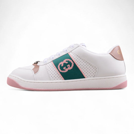 Gucci White, Pink & Green Leather Sneakers