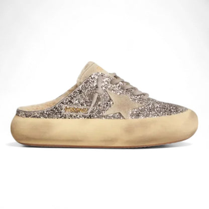 Golden Goose Space-Star Silver Glitter Shearling Sabots
