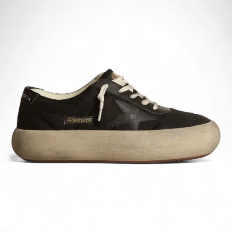 Space-Star shoes in black nylon with black leather star and heel tab