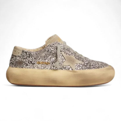 Golden Goose Space-Star Silver Glitter Shearling Platform Sneakers