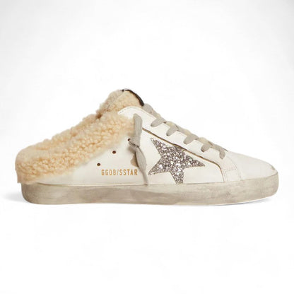 Golden Goose Super-Star Sabot White Leather Shearling Sneakers Glitter Star