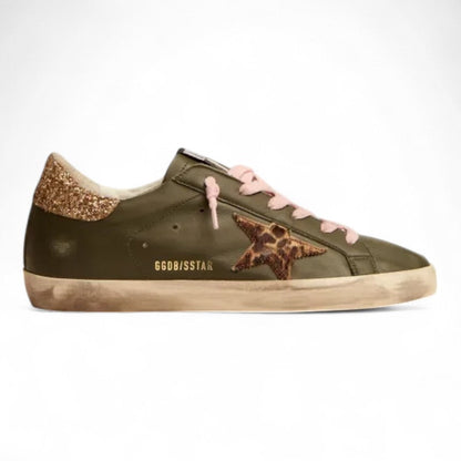 Golden Goose Super-Star Dark Green Leather Leopard Star Sneakers