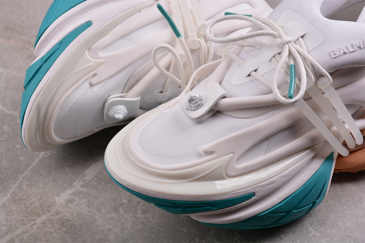Balmain Unicorn Sneakers in Taupe/White/L. Green – Neoprene and Leather
