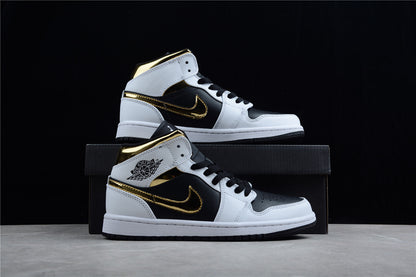 Nike Air Jordan 1 Mid White Black Metallic Gold Sneakers
