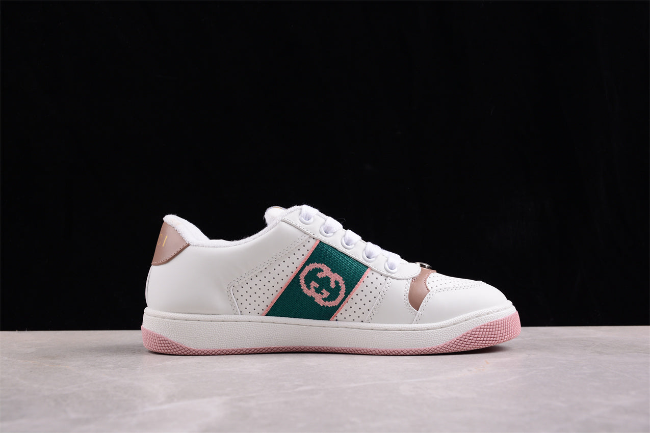 Gucci White, Pink & Green Leather Sneakers
