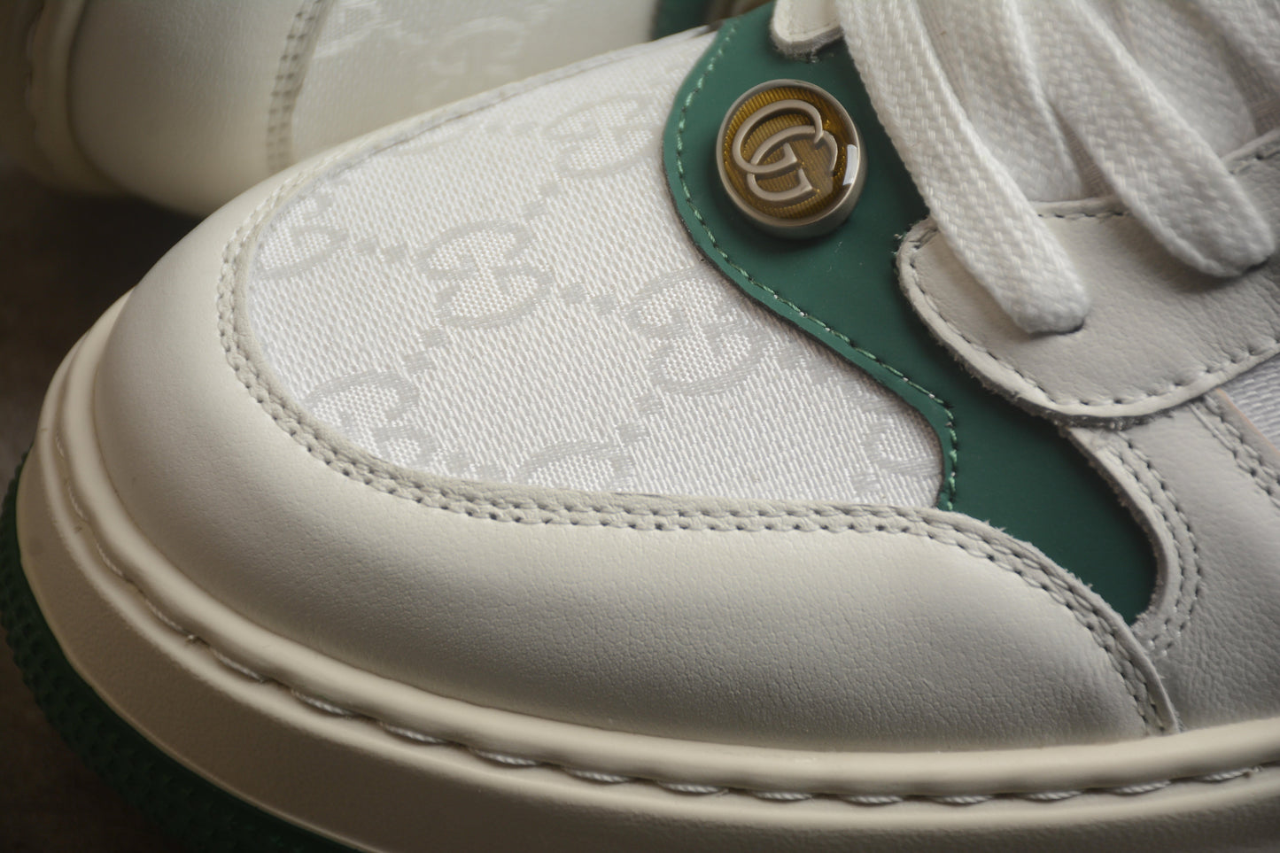 Gucci Chunky Screener GG White & Green Leather Sneakers