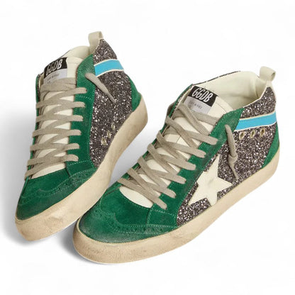Golden Goose Mid Star Anthracite Glitter Green Sneakers