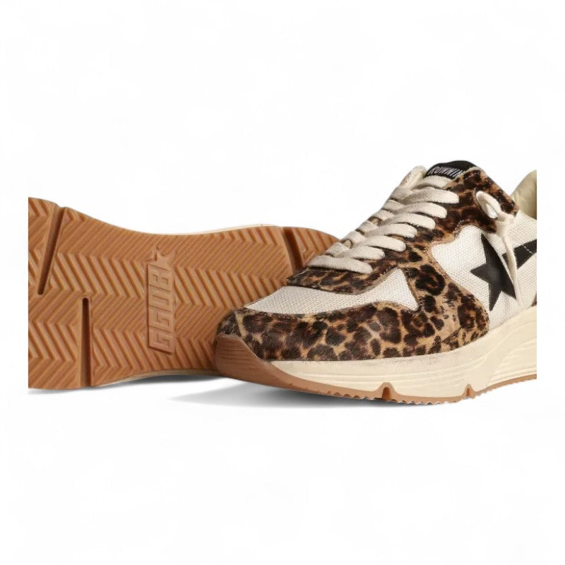 Running Sole sneakers in cream-colored mesh with leopard-print pony skin inserts and black leather s