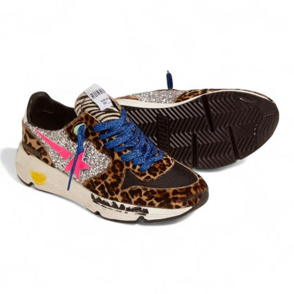 Golden Goose Running Sole Leopard Print Glitter Star Sneakers