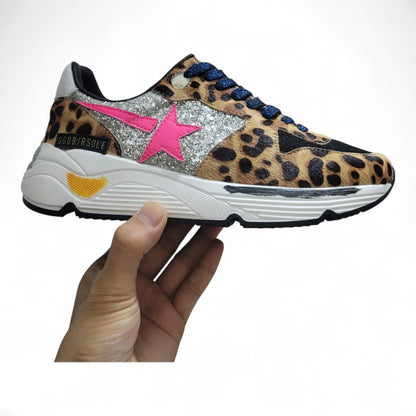 Golden Goose Running Sole Leopard Print Glitter Star Sneakers