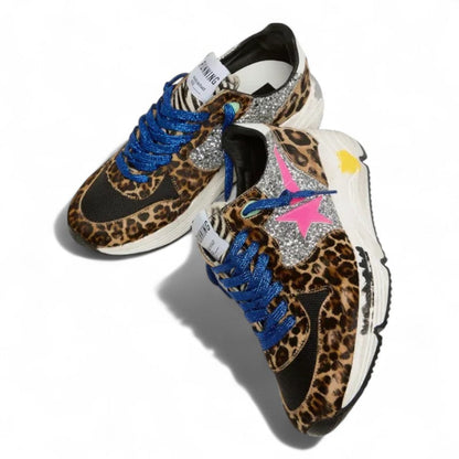 Golden Goose Running Sole Leopard Print Glitter Star Sneakers