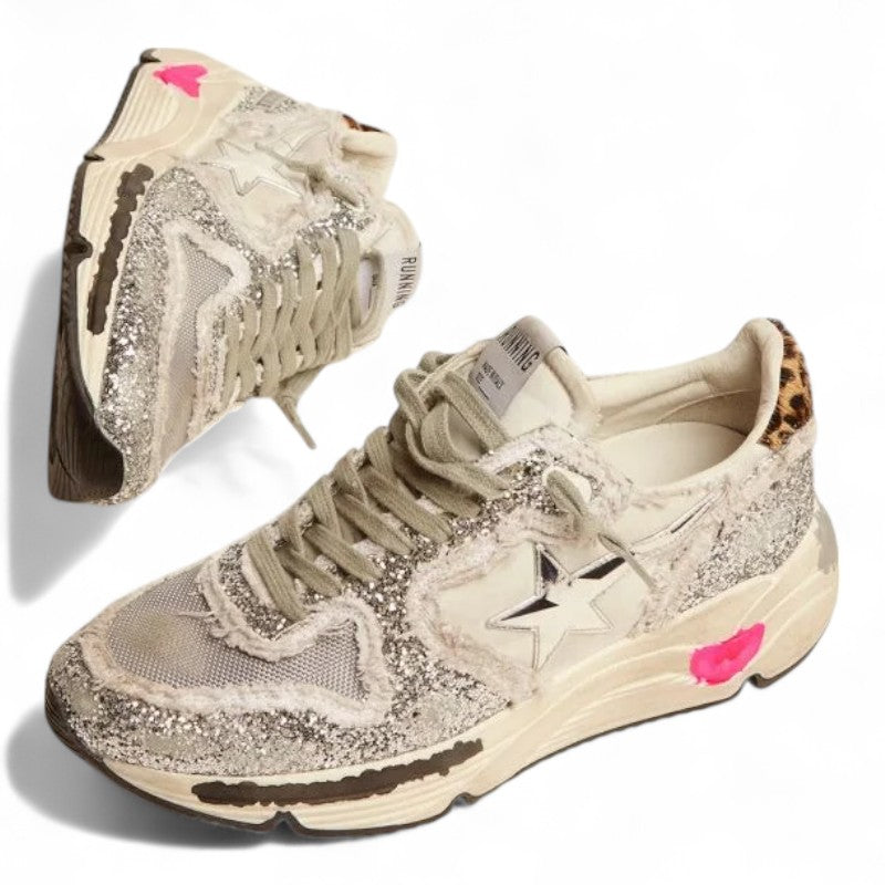 Running Sole sneakers in nylon and silver glitter with leopard-print pony skin heel tab