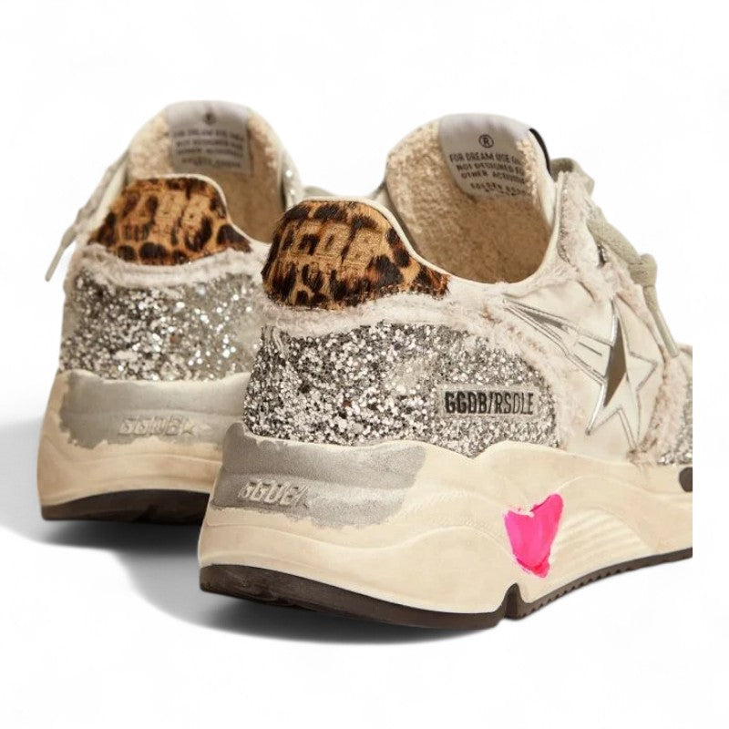 Running Sole sneakers in nylon and silver glitter with leopard-print pony skin heel tab