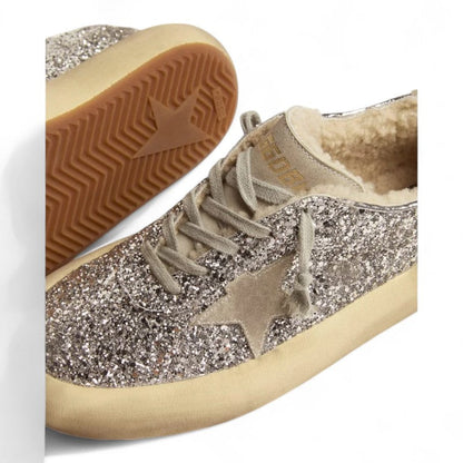 Golden Goose Space-Star Silver Glitter Shearling Platform Sneakers