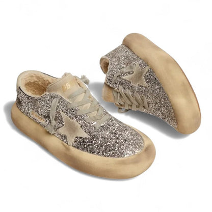 Golden Goose Space-Star Silver Glitter Shearling Platform Sneakers