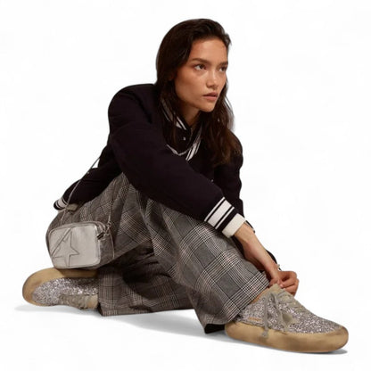 Golden Goose Space-Star Silver Glitter Shearling Platform Sneakers