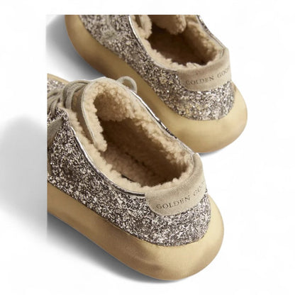 Golden Goose Space-Star Silver Glitter Shearling Platform Sneakers