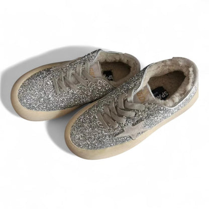 Golden Goose Space-Star Silver Glitter Shearling Platform Sneakers