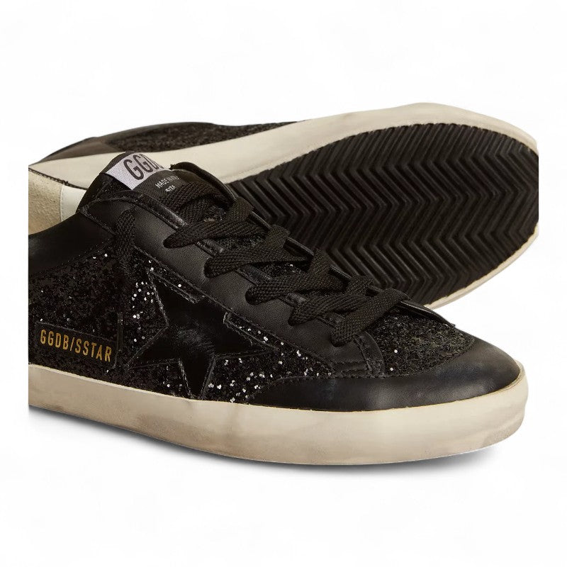 Super-Star in black nappa and glitter with glossy black leather star