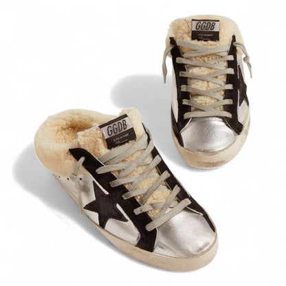 Golden Goose Super-Star Sabot Silver Leather Black Star