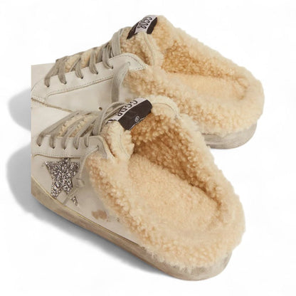 Golden Goose Super-Star Sabot White Leather Shearling Sneakers Glitter Star