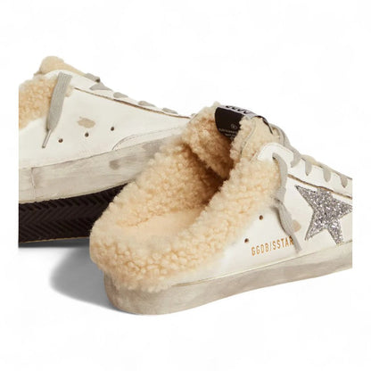 Golden Goose Super-Star Sabot White Leather Shearling Sneakers Glitter Star