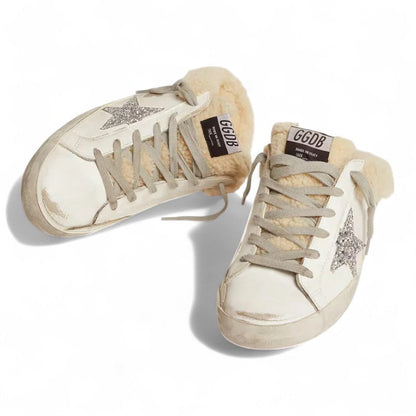 Golden Goose Super-Star Sabot White Leather Shearling Sneakers Glitter Star