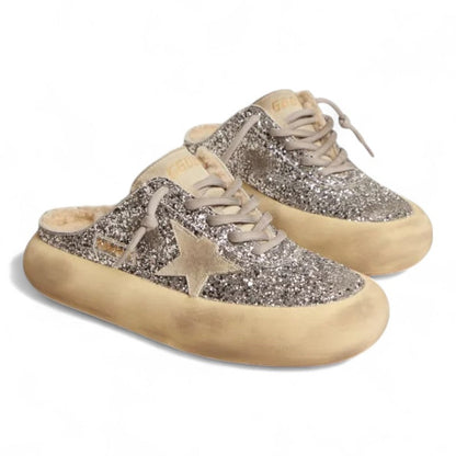 Golden Goose Space-Star Silver Glitter Shearling Sabots