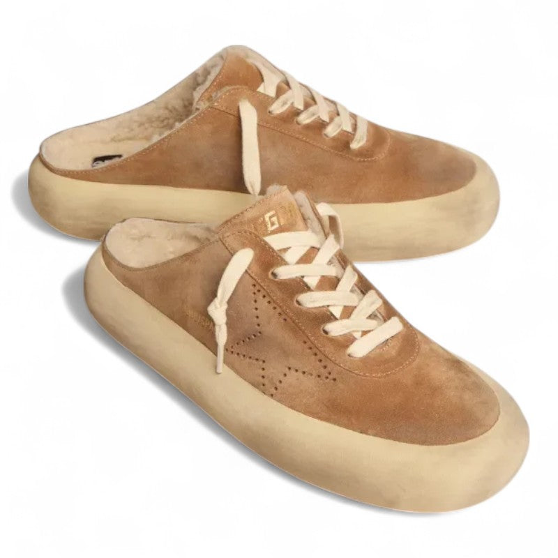 Space-Star Sabot shoes in tobacco-colored suede with shearling lining