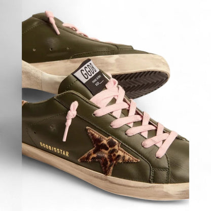 Golden Goose Super-Star Dark Green Leather Leopard Star Sneakers