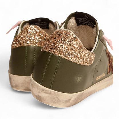 Golden Goose Super-Star Dark Green Leather Leopard Star Sneakers