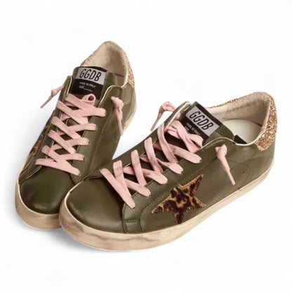 Golden Goose Super-Star Dark Green Leather Leopard Star Sneakers