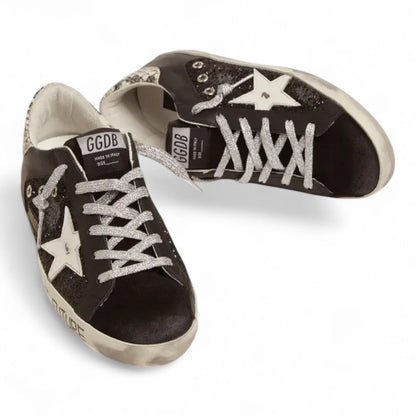 Golden Goose Super-Star Black Leather Glitter Sneakers