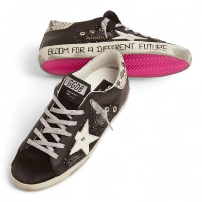 Golden Goose Super-Star Black Leather Glitter Sneakers